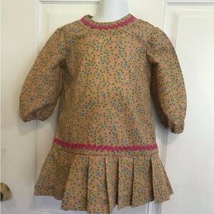 NWOT Size 2 Machine sewn Tan with blue/pink flowers pleated dress with bloomers
